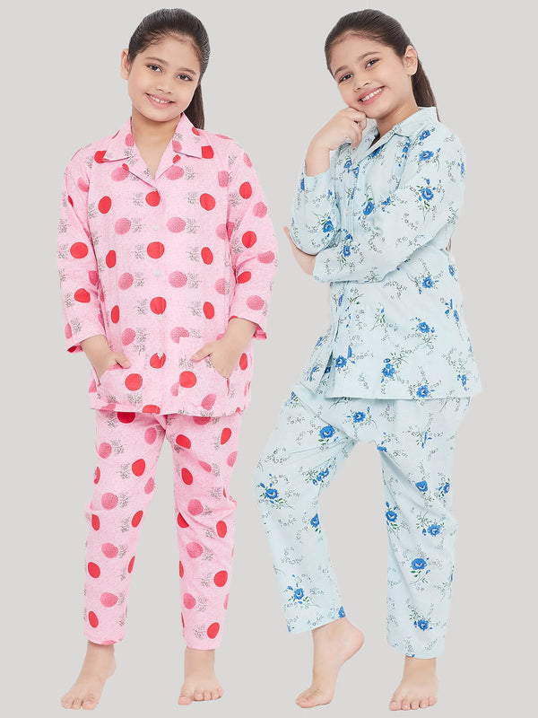 Girl's Pink & Blue Printed Rayon Nightsuit (Pack of 2) - NOZ2TOZ KIDS