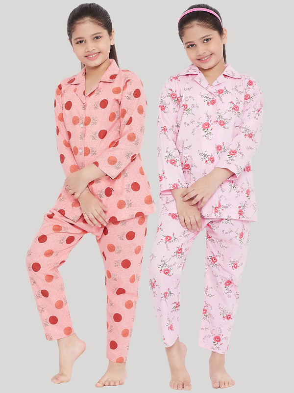 Girl's Peach & Pink Printed Rayon Nightsuit (Pack of 2) - NOZ2TOZ KIDS