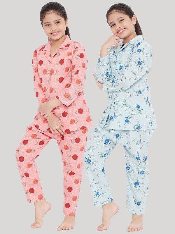 Girl's Peach & Blue Printed Rayon Nightsuit (Pack of 2) - NOZ2TOZ KIDS