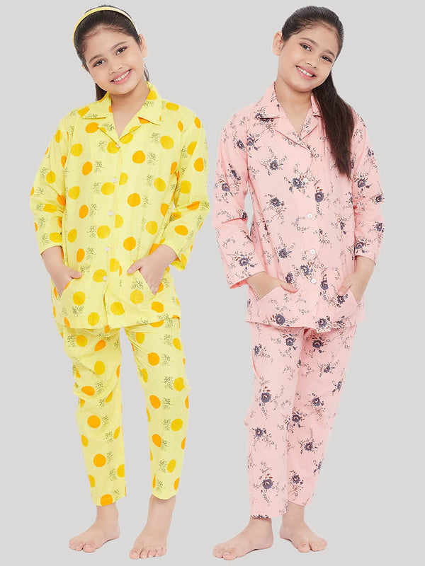 Girl's Yellow & Peach Printed Rayon Nightsuit (Pack of 2) - NOZ2TOZ KIDS