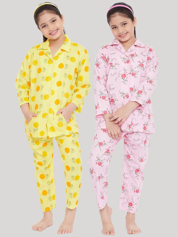 Girl's Yellow & Pink Printed Rayon Nightsuit (Pack of 2) - NOZ2TOZ KIDS