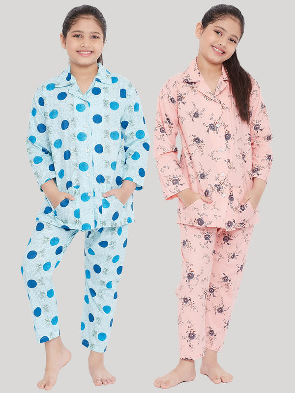 Girl's Blue & Peach Printed Rayon Nightsuit (Pack of 2) - NOZ2TOZ KIDS