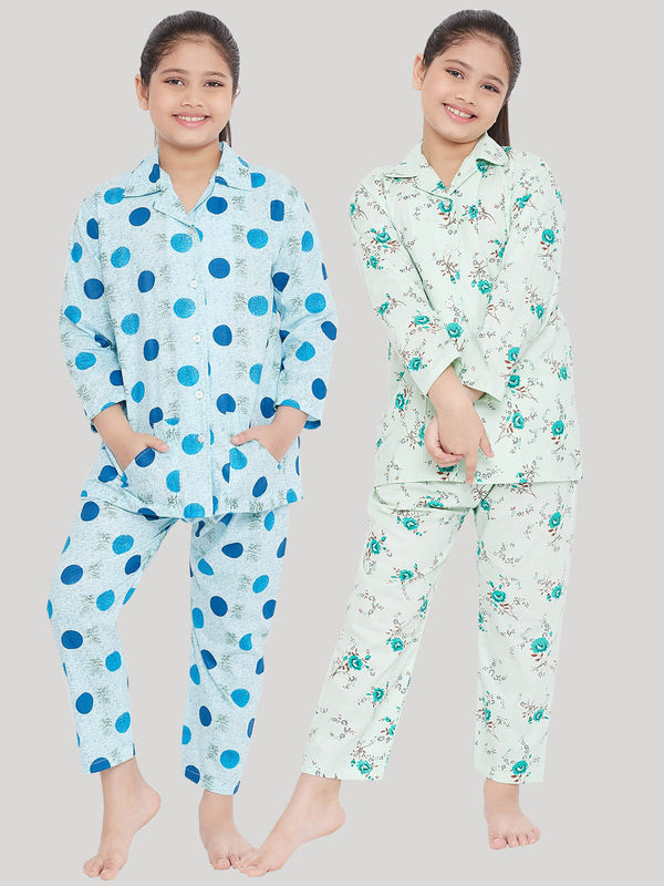 Girl's Blue & Green Printed Rayon Nightsuit (Pack of 2) - NOZ2TOZ KIDS