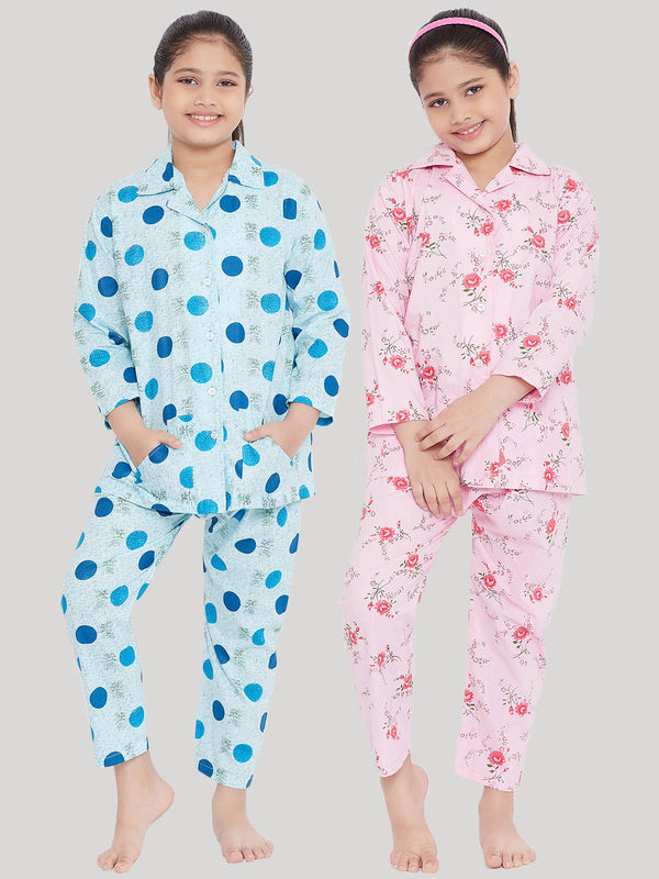 Girl's Blue & Pink Printed Rayon Nightsuit (Pack of 2) - NOZ2TOZ KIDS