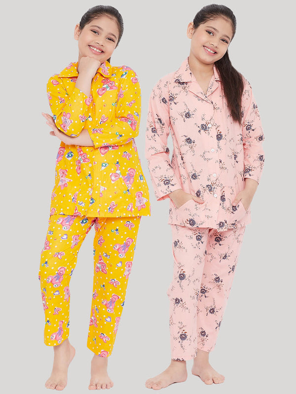 Girl's Mustard & Peach Printed Rayon Nightsuit (Pack of 2) - NOZ2TOZ KIDS