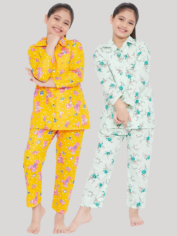 Girl's Mustard & Green Printed Rayon Nightsuit (Pack of 2) - NOZ2TOZ KIDS