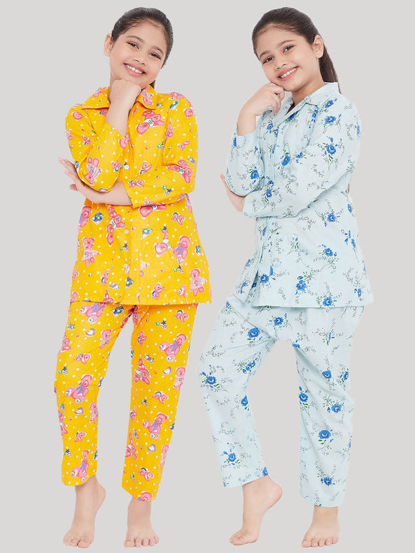 Girl's Mustard & Blue Printed Rayon Nightsuit (Pack of 2) - NOZ2TOZ KIDS