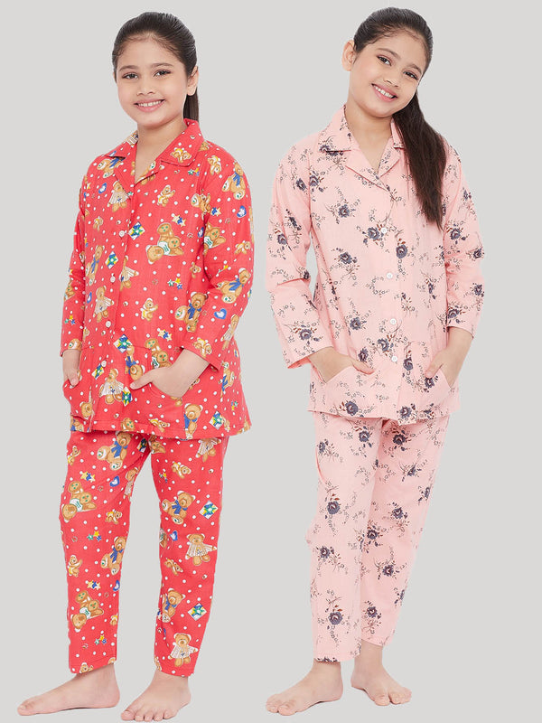 Girl's Red & Peach Printed Rayon Nightsuit (Pack of 2) - NOZ2TOZ KIDS