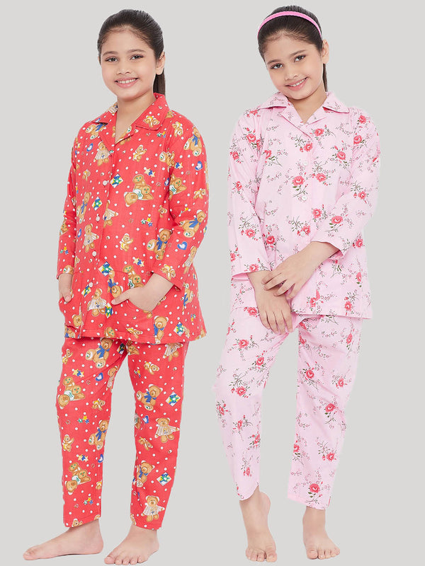 Girl's Red & Pink Printed Rayon Nightsuit (Pack of 2) - NOZ2TOZ KIDS