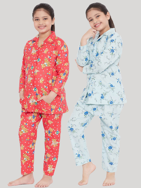 Girl's Red & Blue Printed Rayon Nightsuit (Pack of 2) - NOZ2TOZ KIDS