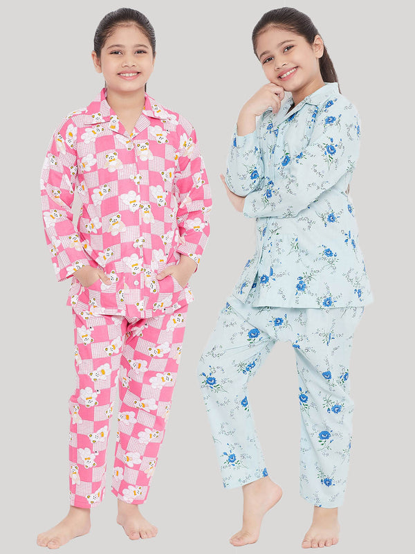 Girl's Pink & Blue Printed Rayon Nightsuit (Pack of 2) - NOZ2TOZ KIDS