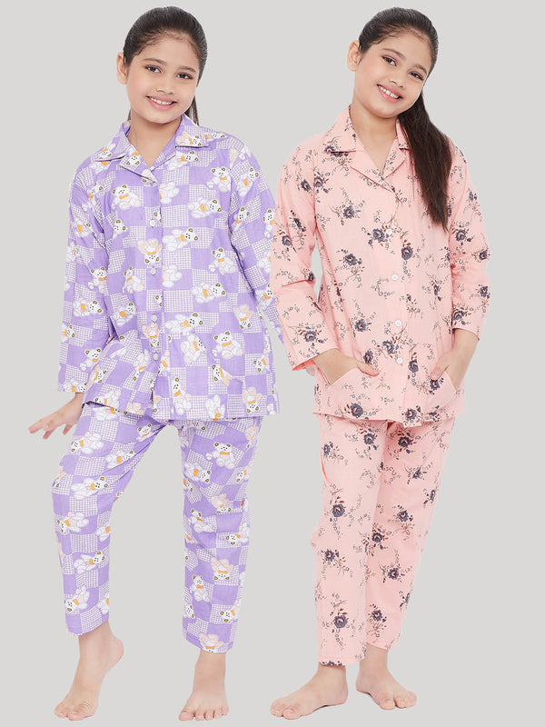 Girl's Purple & Peach Printed Rayon Nightsuit (Pack of 2) - NOZ2TOZ KIDS