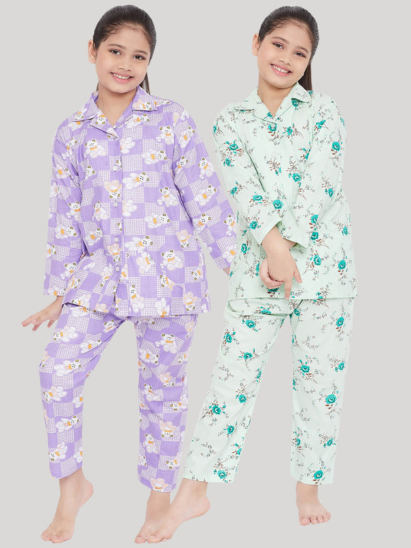 Girl's Purple & Green Printed Rayon Nightsuit (Pack of 2) - NOZ2TOZ KIDS