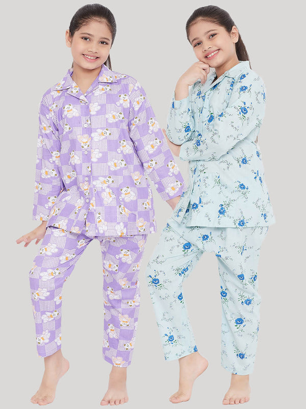 Girl's Purple & Blue Printed Rayon Nightsuit (Pack of 2) - NOZ2TOZ KIDS