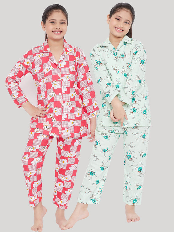 Girl's Red & Green Printed Rayon Nightsuit (Pack of 2) - NOZ2TOZ KIDS