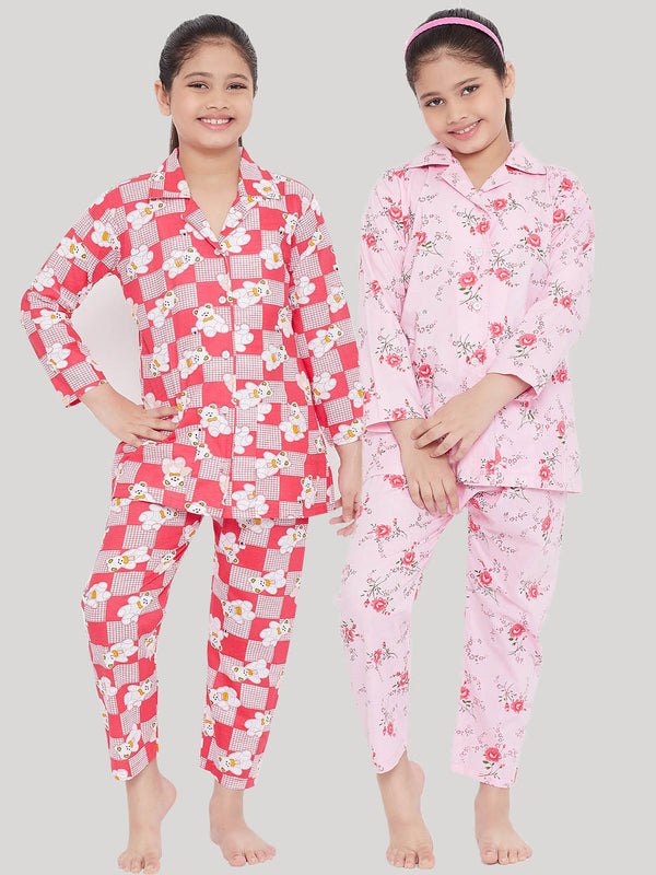 Girl's Red & Pink Printed Rayon Nightsuit (Pack of 2) - NOZ2TOZ KIDS