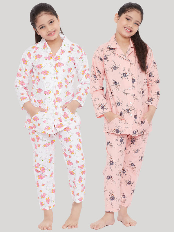 Girl's White & Peach Printed Rayon Nightsuit (Pack of 2) - NOZ2TOZ KIDS