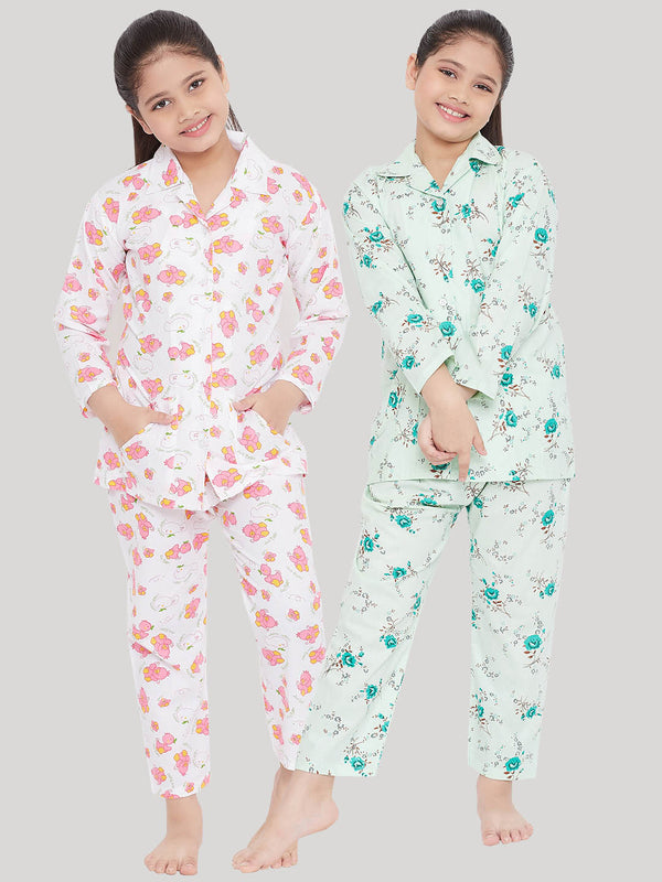 Girl's White & Green Printed Rayon Nightsuit (Pack of 2) - NOZ2TOZ KIDS