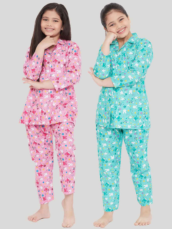 Girl's Pink & Green Printed Rayon Nightsuit (Pack of 2) - NOZ2TOZ KIDS