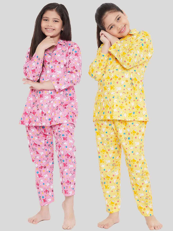 Girl's Pink & Yellow Printed Rayon Nightsuit (Pack of 2) - NOZ2TOZ KIDS