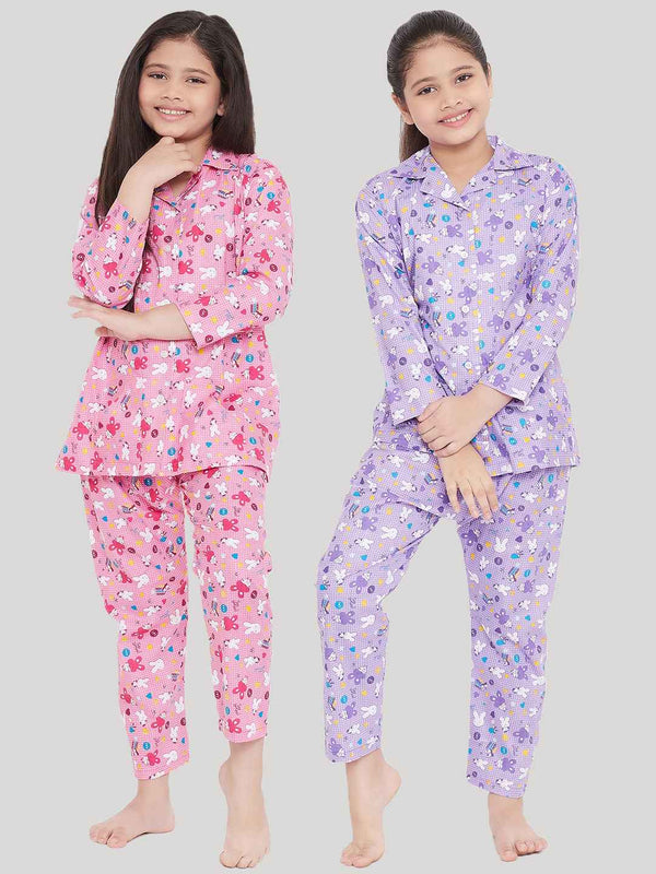 Girl's Pink & Purple Printed Rayon Nightsuit (Pack of 2) - NOZ2TOZ KIDS