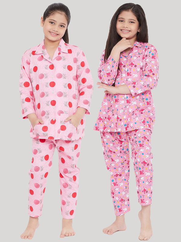 Girl's Pink & Pink Printed Rayon Nightsuit (Pack of 2) - NOZ2TOZ KIDS