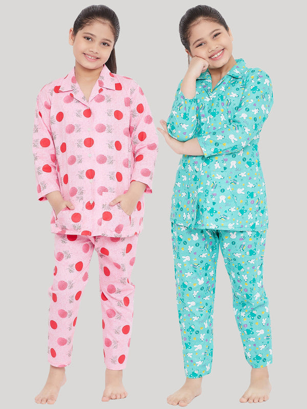 Girl's Pink & Turquoise Printed Rayon Nightsuit (Pack of 2) - NOZ2TOZ KIDS