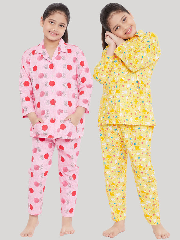 Girl's Pink & Yellow Printed Rayon Nightsuit (Pack of 2) - NOZ2TOZ KIDS