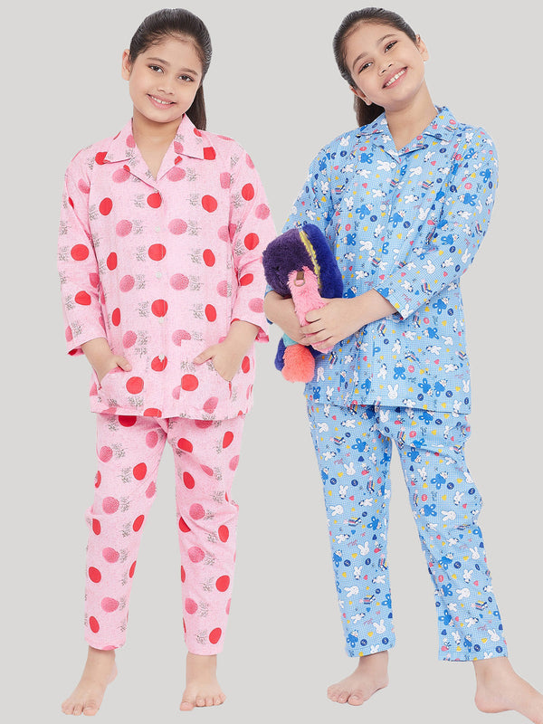 Girl's Pink & Blue Printed Rayon Nightsuit (Pack of 2) - NOZ2TOZ KIDS