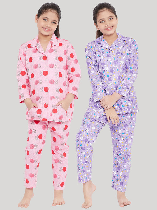 Girl's Pink & Purple Printed Rayon Nightsuit (Pack of 2) - NOZ2TOZ KIDS