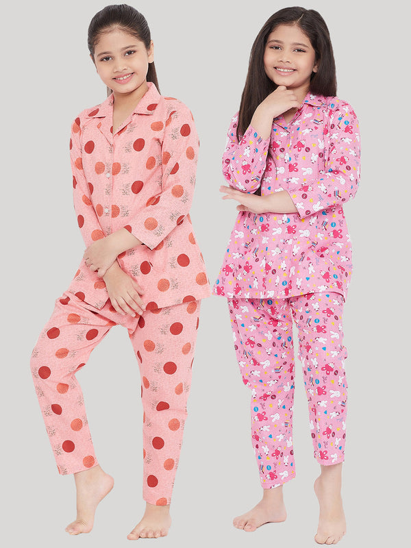 Girl's Peach & Pink Printed Rayon Nightsuit (Pack of 2) - NOZ2TOZ KIDS