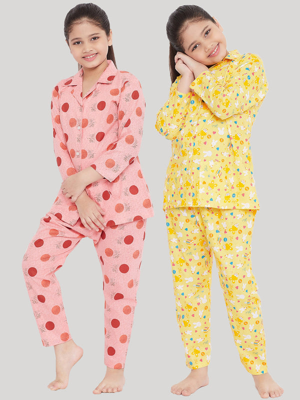 Girl's Peach & Yellow Printed Rayon Nightsuit (Pack of 2) - NOZ2TOZ KIDS