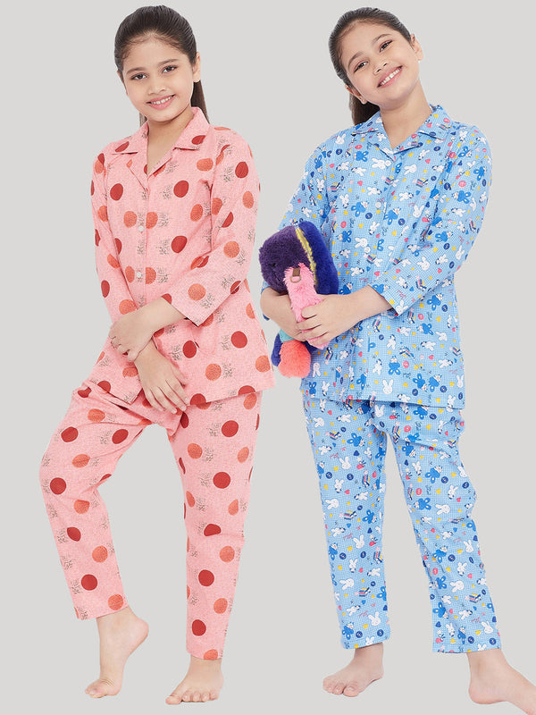 Girl's Peach & Blue Printed Rayon Nightsuit (Pack of 2) - NOZ2TOZ KIDS