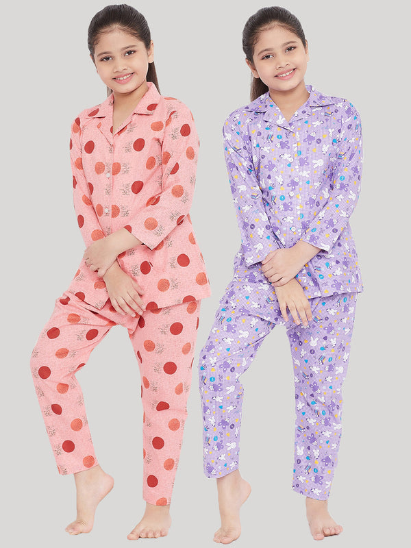 Girl's Peach & Purple Printed Rayon Nightsuit (Pack of 2) - NOZ2TOZ KIDS