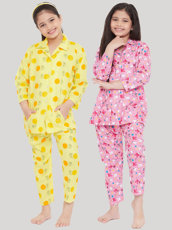 Girl's Yellow & Pink Printed Rayon Nightsuit (Pack of 2) - NOZ2TOZ KIDS