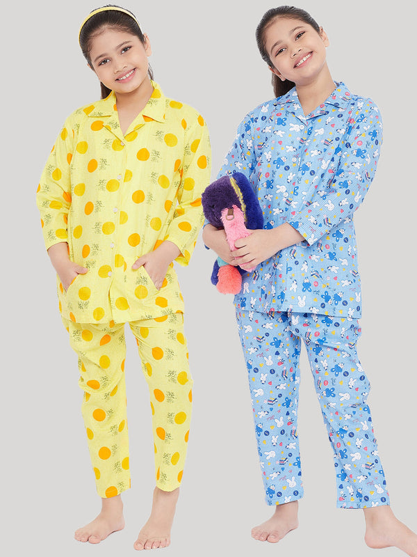 Girl's Yellow & Blue Printed Rayon Nightsuit (Pack of 2) - NOZ2TOZ KIDS