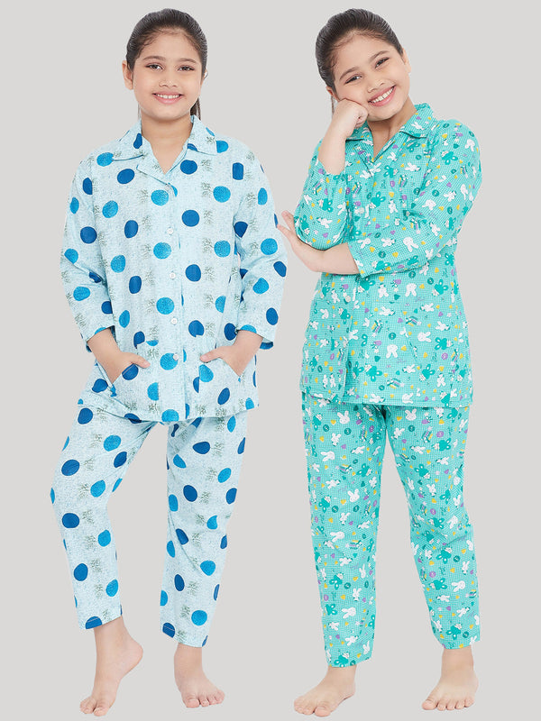 Girl's Blue & Turquoise Printed Rayon Nightsuit (Pack of 2) - NOZ2TOZ KIDS