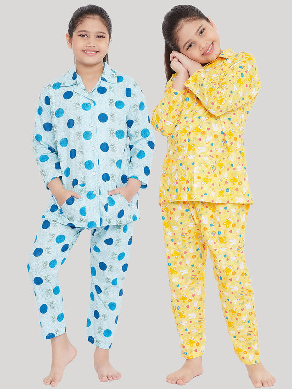 Girl's Blue & Yellow Printed Rayon Nightsuit (Pack of 2) - NOZ2TOZ KIDS