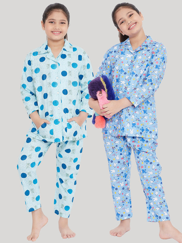 Girl's Blue & Blue Printed Rayon Nightsuit (Pack of 2) - NOZ2TOZ KIDS