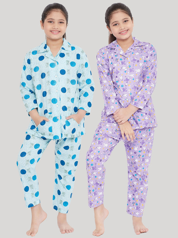 Girl's Blue & Purple Printed Rayon Nightsuit (Pack of 2) - NOZ2TOZ KIDS