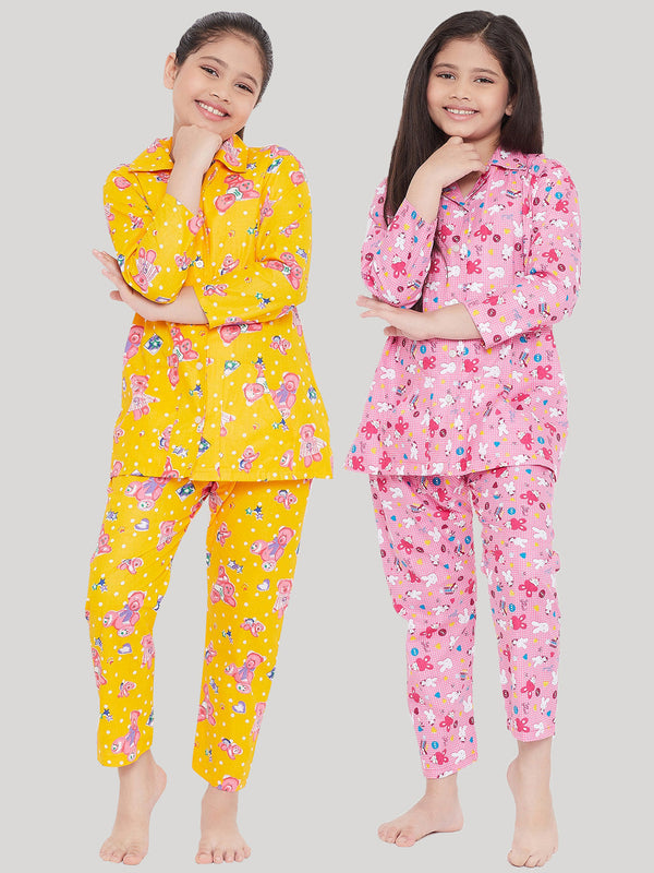 Girl's Mustard & Pink Printed Rayon Nightsuit (Pack of 2) - NOZ2TOZ KIDS