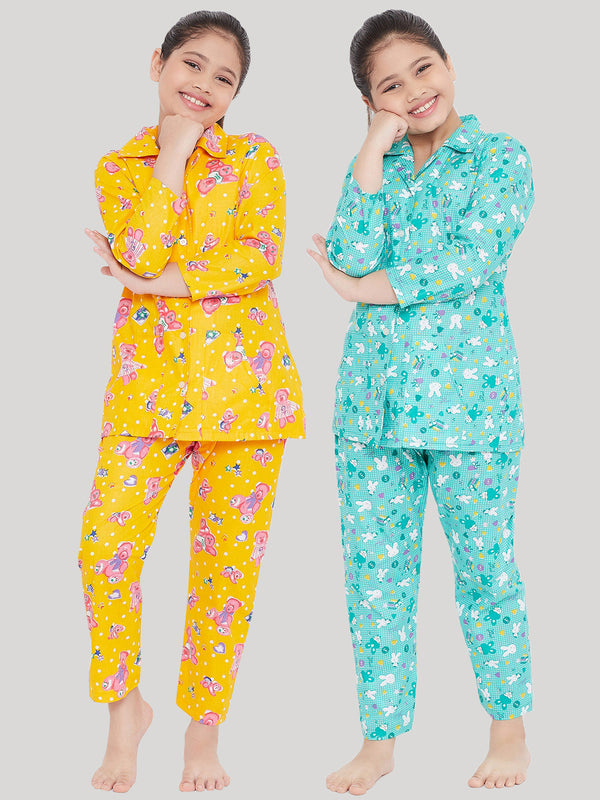 Girl's Mustard & Turquoise Printed Rayon Nightsuit (Pack of 2) - NOZ2TOZ KIDS