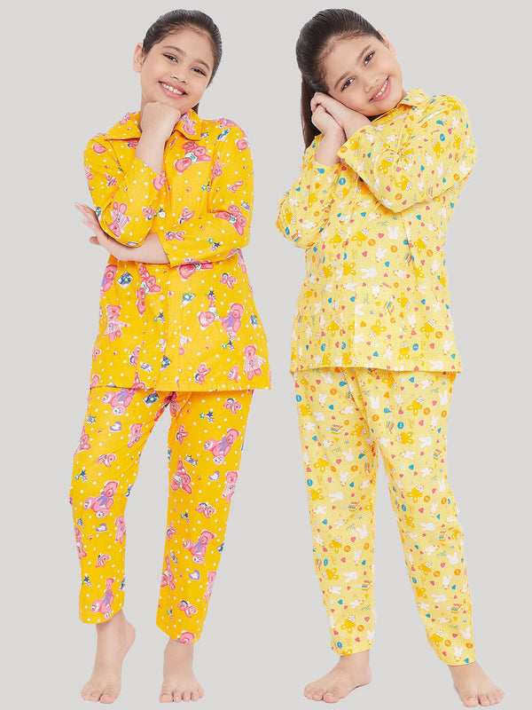 Girl's Mustard & Pink Printed Rayon Nightsuit (Pack of 2) - NOZ2TOZ KIDS