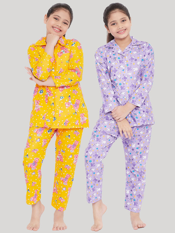 Girl's Mustard & Purple Printed Rayon Nightsuit (Pack of 2) - NOZ2TOZ KIDS