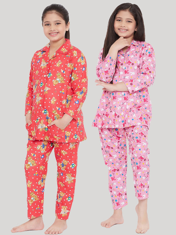 Girl's Peach & Pink Printed Rayon Nightsuit (Pack of 2) - NOZ2TOZ KIDS