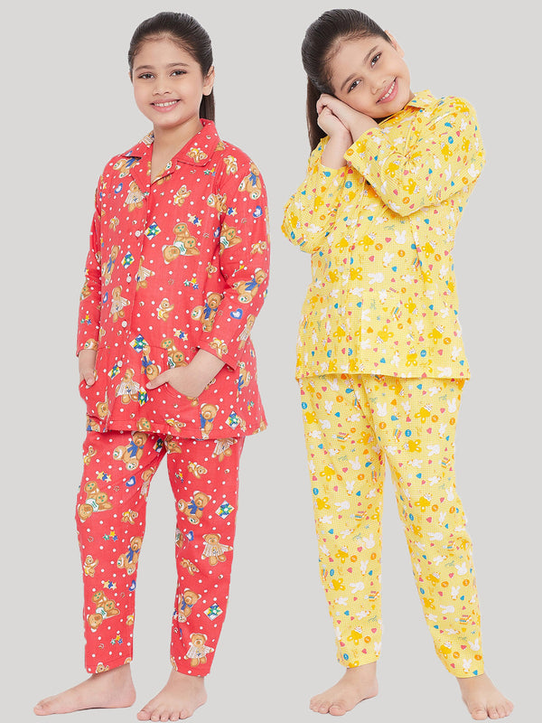 Girl's Peach & Yellow Printed Rayon Nightsuit (Pack of 2) - NOZ2TOZ KIDS