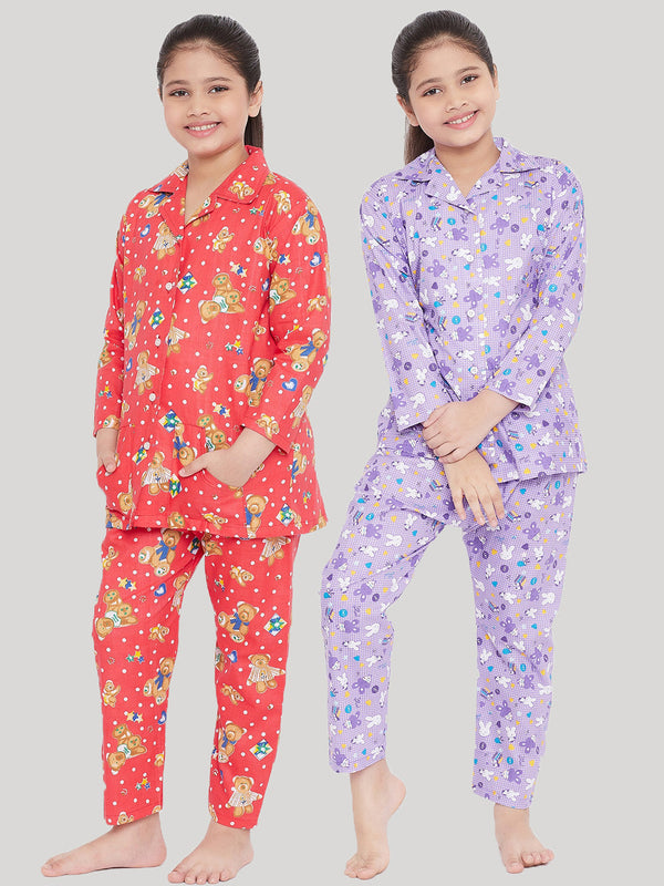 Girl's Peach & Purple Printed Rayon Nightsuit (Pack of 2) - NOZ2TOZ KIDS