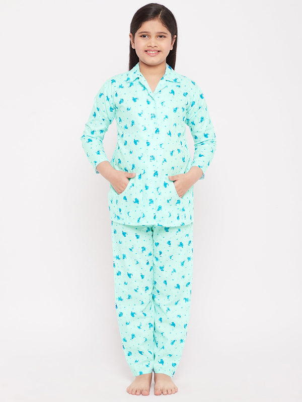 Girl's Sky Blue Flower Print Cotton Nightsuit - NOZ2TOZ KIDS