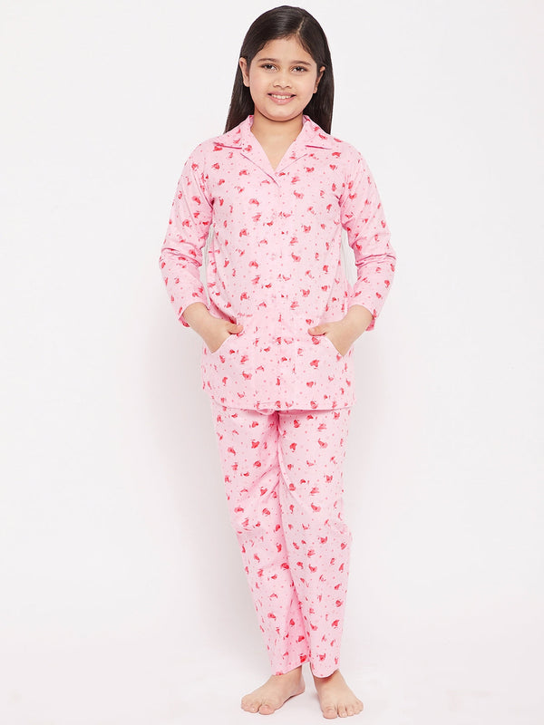 Girl's Pink Flower Print Cotton Nightsuit  - NOZ2TOZ KIDS