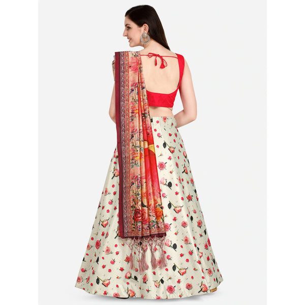 Women's Digital Print Shiney Satin Semistitched Lehenga Choli With Unstitched Blouse And Thred Work Dupatta - Kaizen Texo Fab